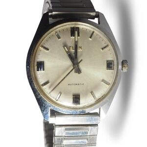 Elgin Eltra Automatic Watch Mens  Silver Vintage 1960s Date Expansion Band